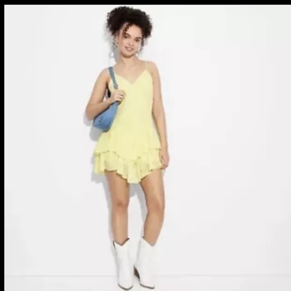 Wild Fable Mini Dress Medium Jrs. Skater Triangle Cup Tiered Lemon Yellow NWT